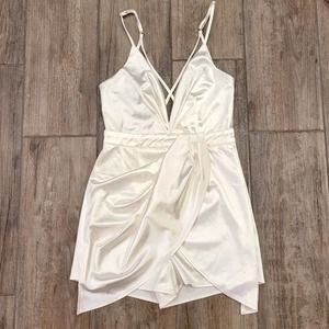 Fashion Nova Don't Hide My Shine Satin Romper White Bridal Faux Wrap Size XS